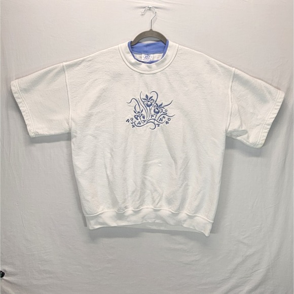 PFI Other - Vintage PFI Short Sleeve Sweatshirt Large White Blue Embroidered Floral